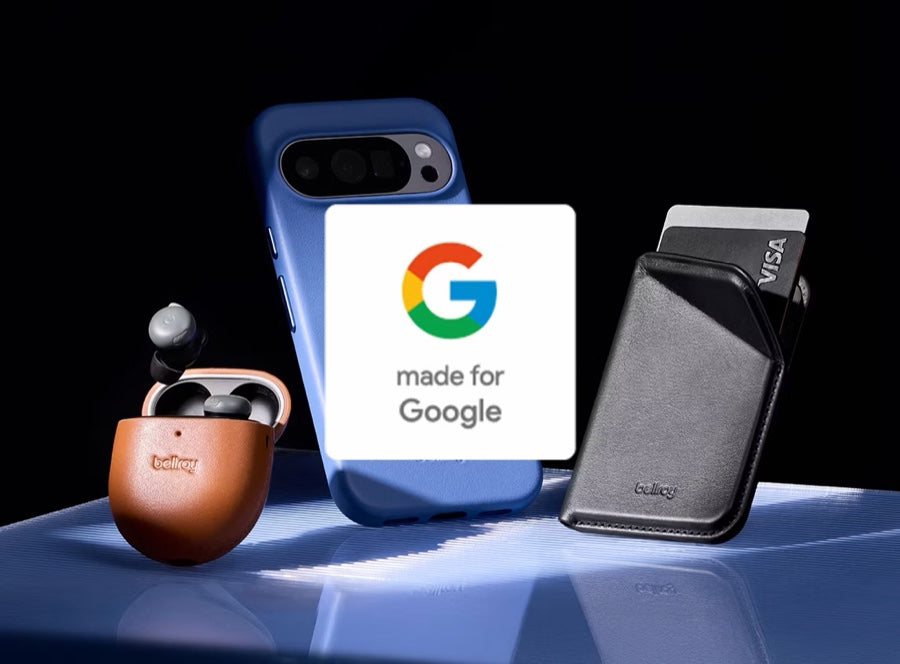 Bellroy phone case, earbud case and wallet made for Google