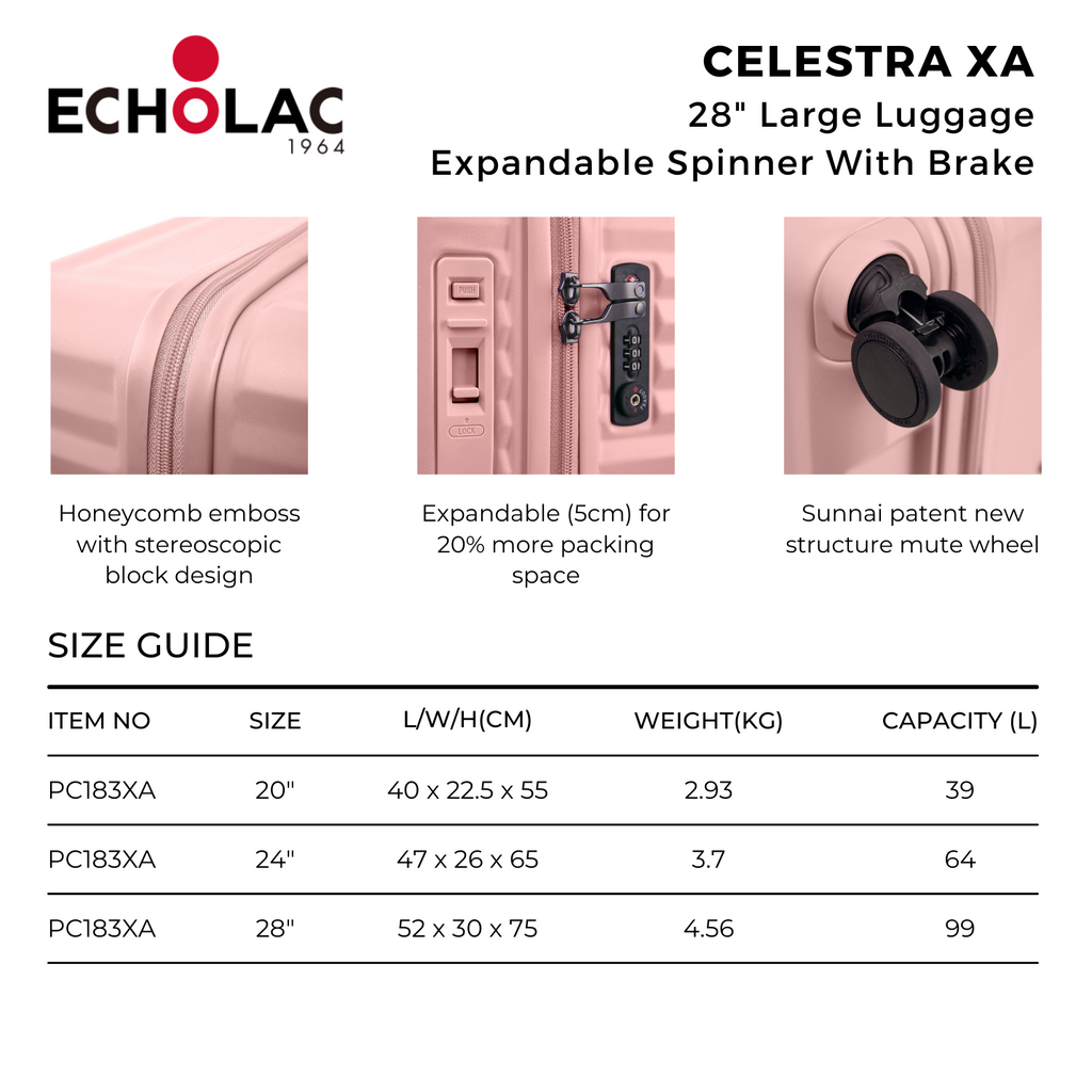 Echolac Celestra XA 28" Large Luggage Expandable Spinner With Brake (Black)