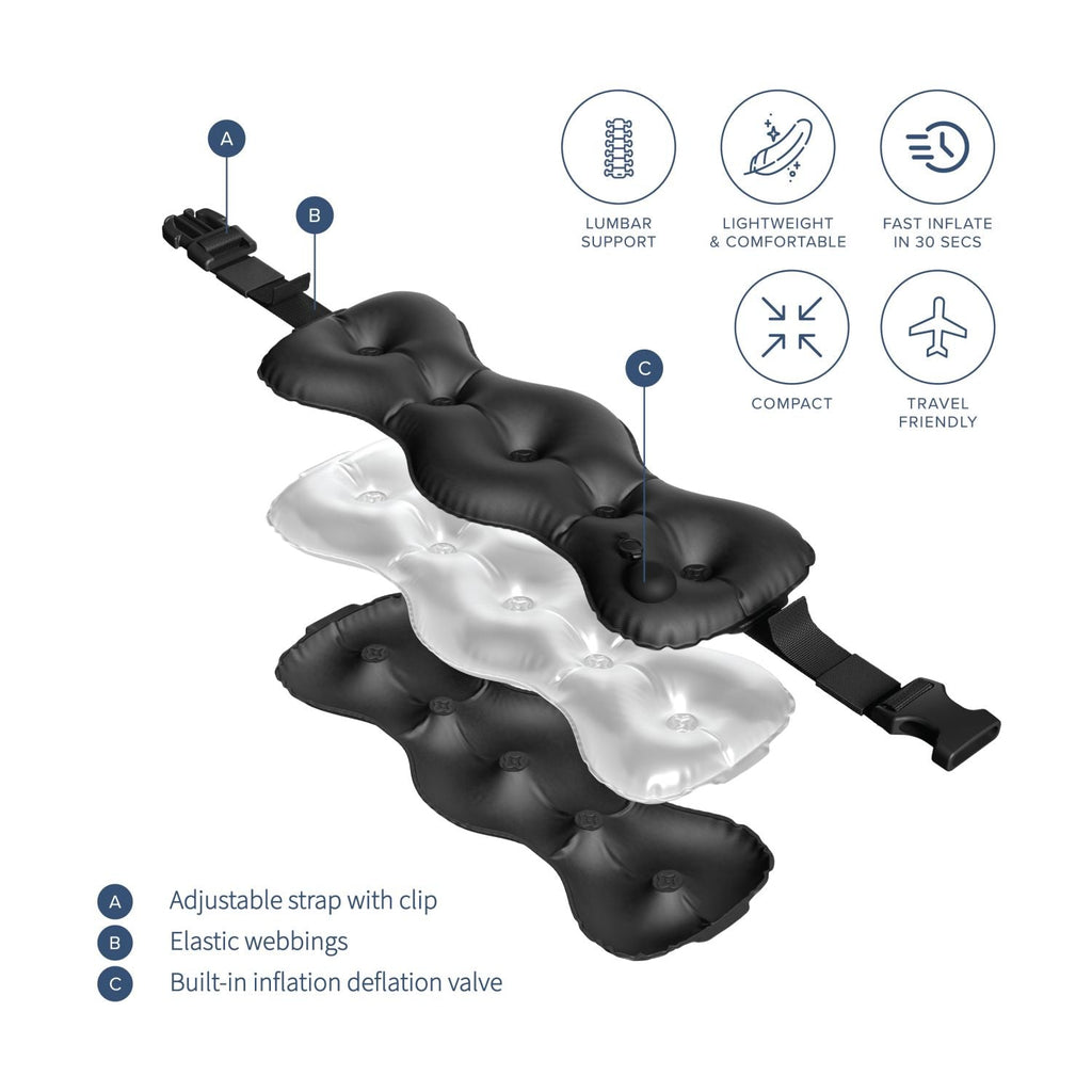 Crossing Inflatable Air Pump Lumbar Back Support Travel Pillow - Black