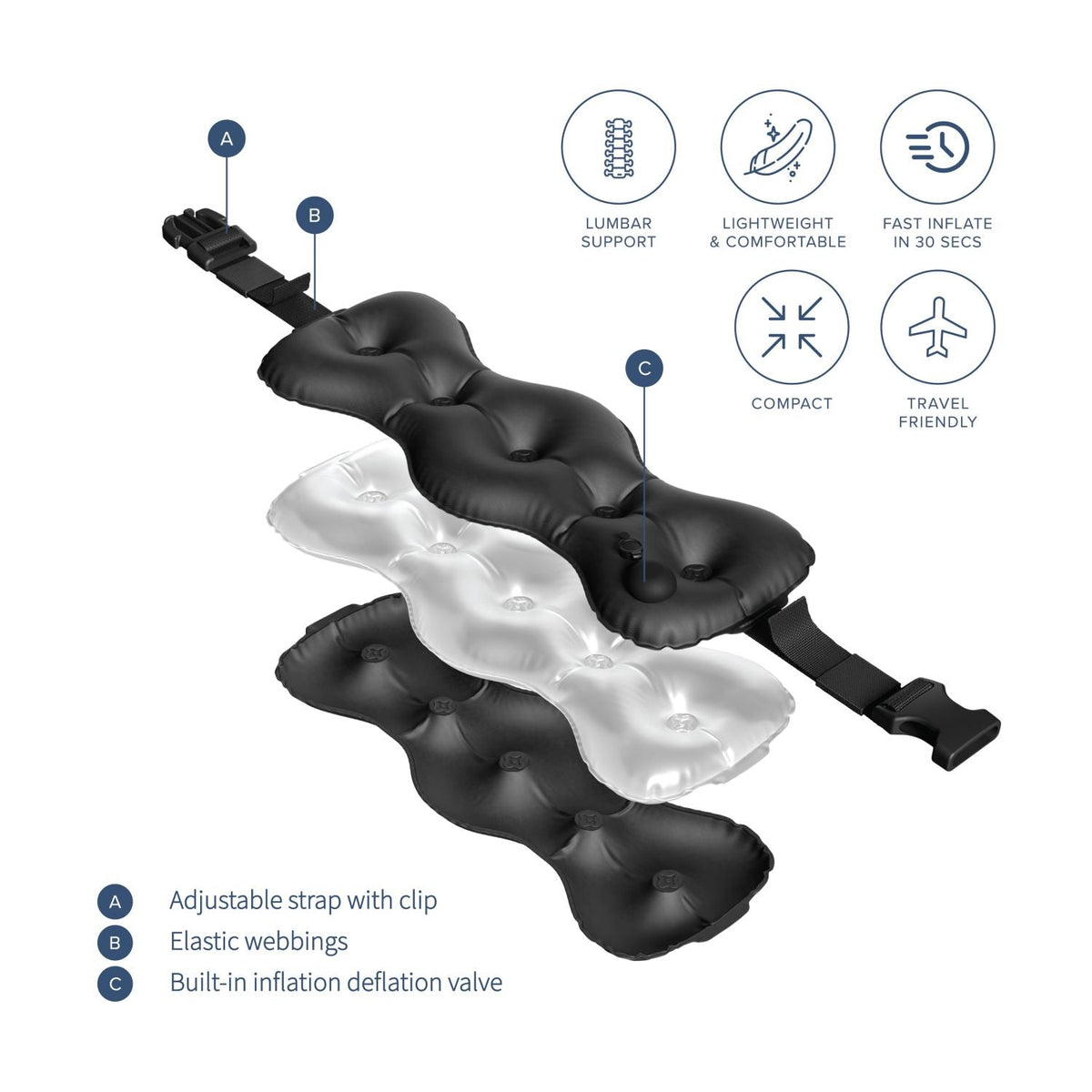 Crossing Inflatable Air Pump Lumbar Back Support Travel Pillow - Black