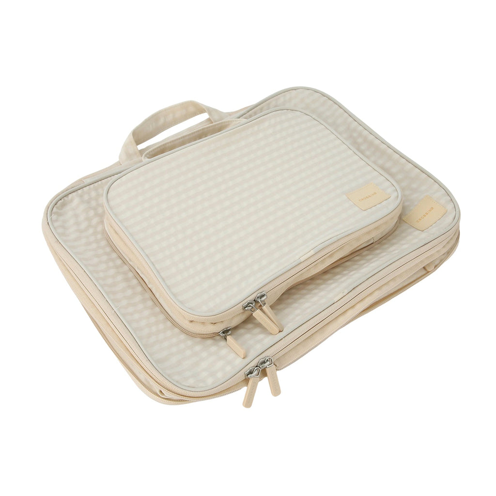 Crossing Waterproof Rayon Checked Compression Packing Cube Set (2-Piece Set) - Beige