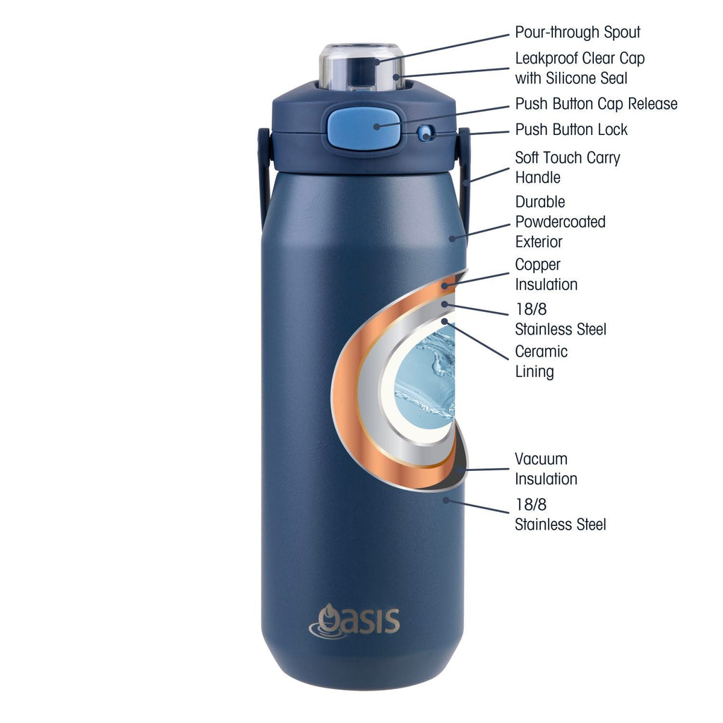 Oasis Ceramic S/S Triple Wall Capri Quick Release Drink Bottle 750ML - Indigo